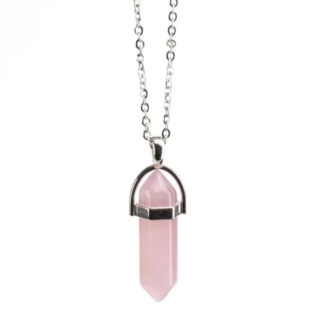 Colar De Pedra Natural de Quartzo Rosa Corrente De Aço Inoxidável
