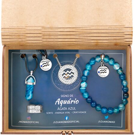 Conjunto de Signo de Aquário - Pedra Ágata Azul