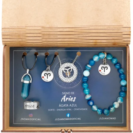 Conjunto de Signo de Áries - Pedra Ágata Azul
