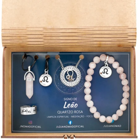 Conjunto de Signo de Leão - Pedra Quartzo Rosa
