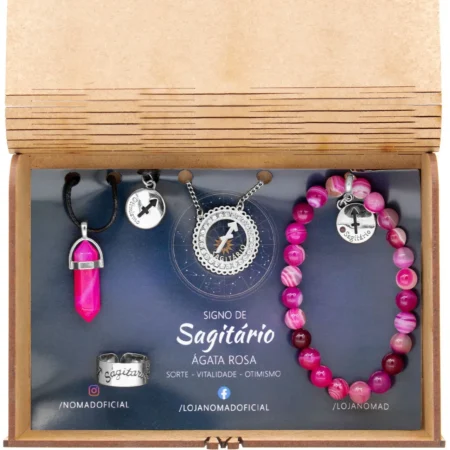 Conjunto de Signo de Sagitário - Pedra Ágata Rosa