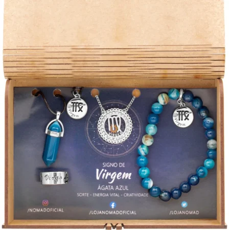 Conjunto de Signo de Virgem - Pedra Ágata Azul