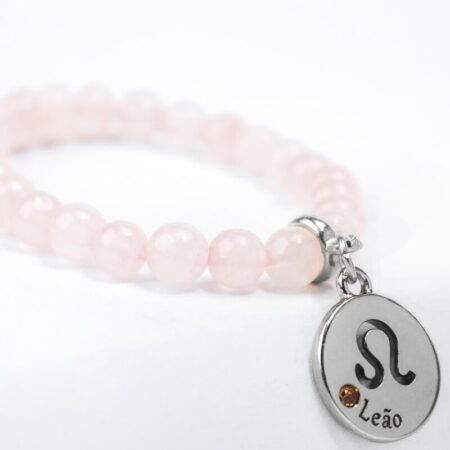 Pulseira de Signo de Leão com Pedra Quartzo Rosa - Elegância e Paixão