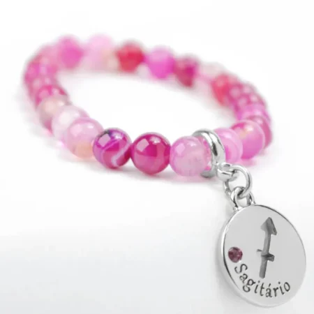 Pulseira de Signo de Sagitário com Pedra Ágata Rosa - Elegância e Vitalidade