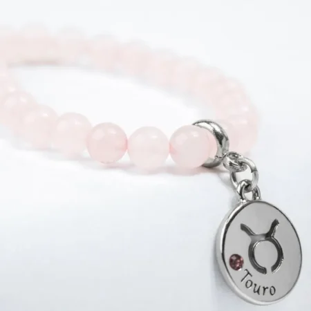 Pulseira de Signo de Touro com Pedra Quartzo Rosa - Elegância e Amor